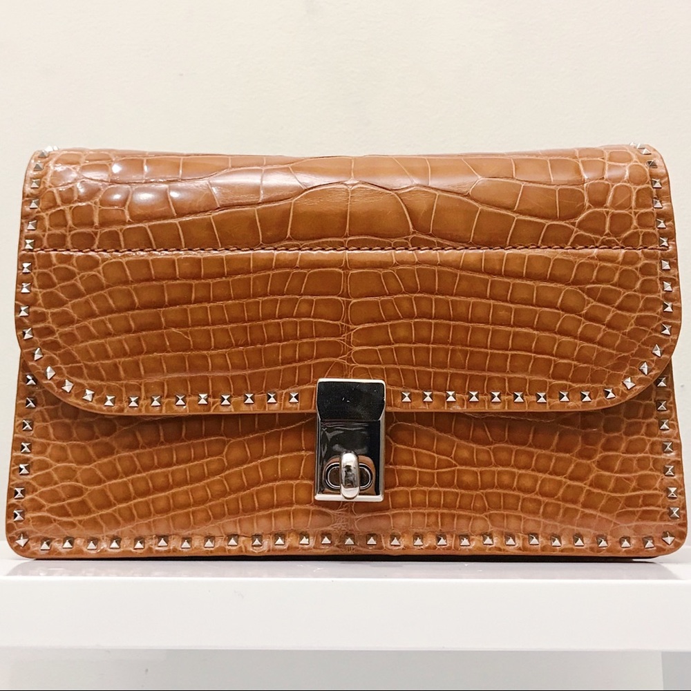 VALENTINO Garavani Exotic Alligator Skin Rockstud Gold Tan Brown Crossbody Bag